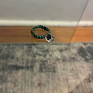 Green and Light purple striped glass ring with opal center stone size 10.5